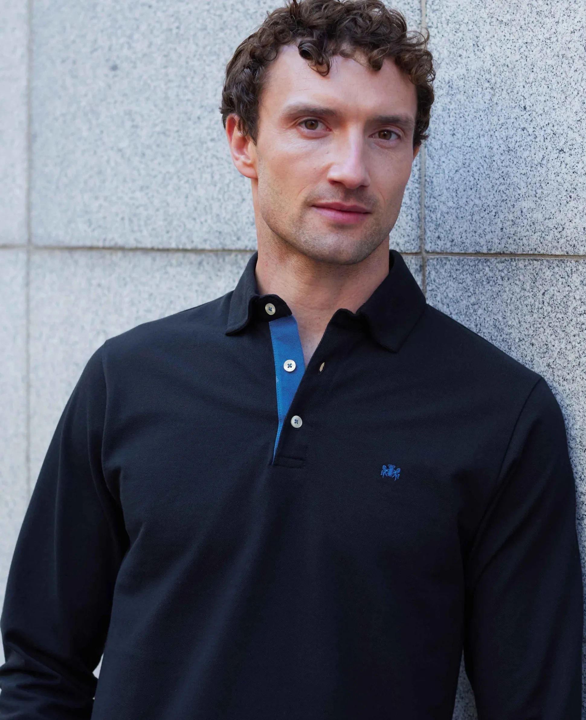 Navy Cotton Pique Long Sleeve Polo Shirt