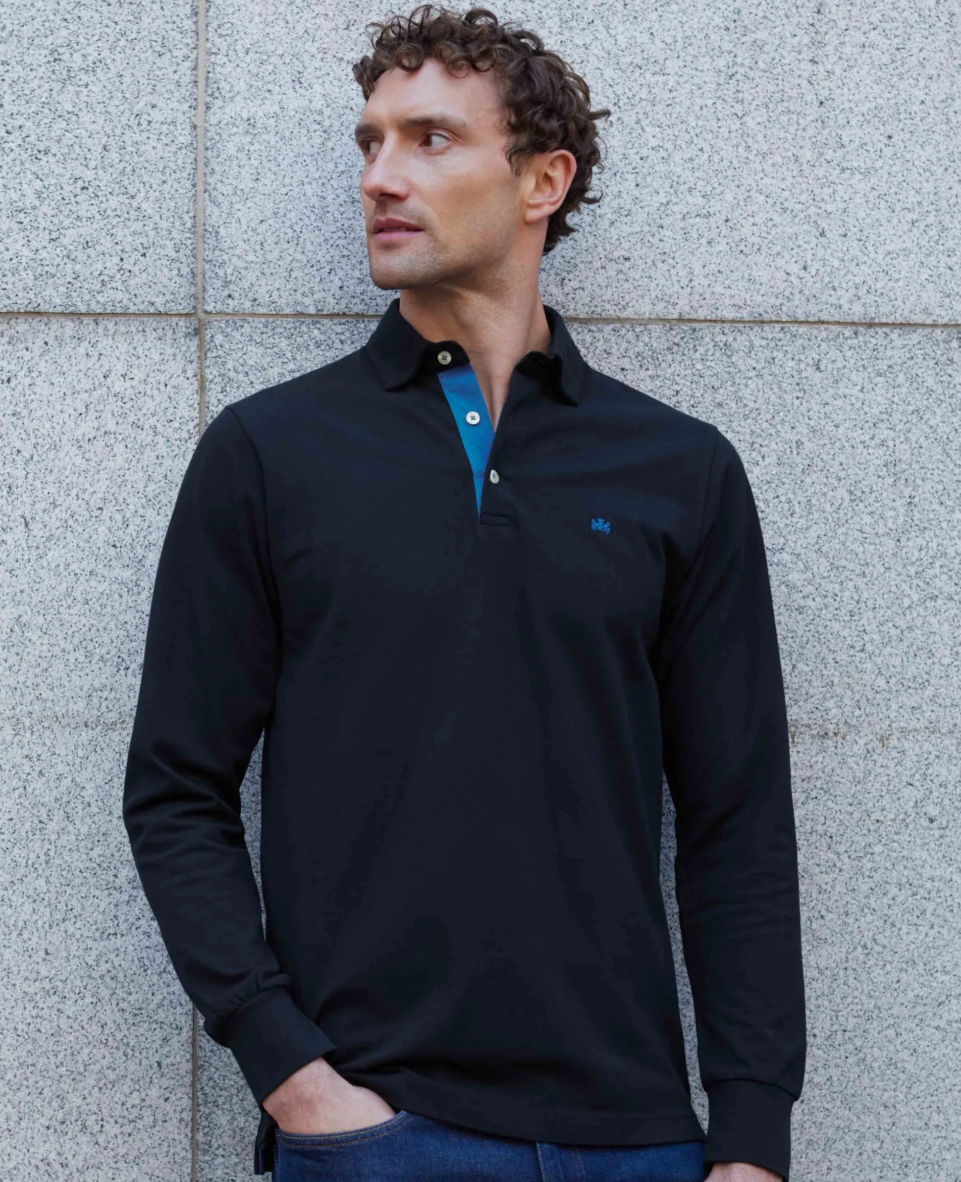 Navy Cotton Pique Long Sleeve Polo Shirt