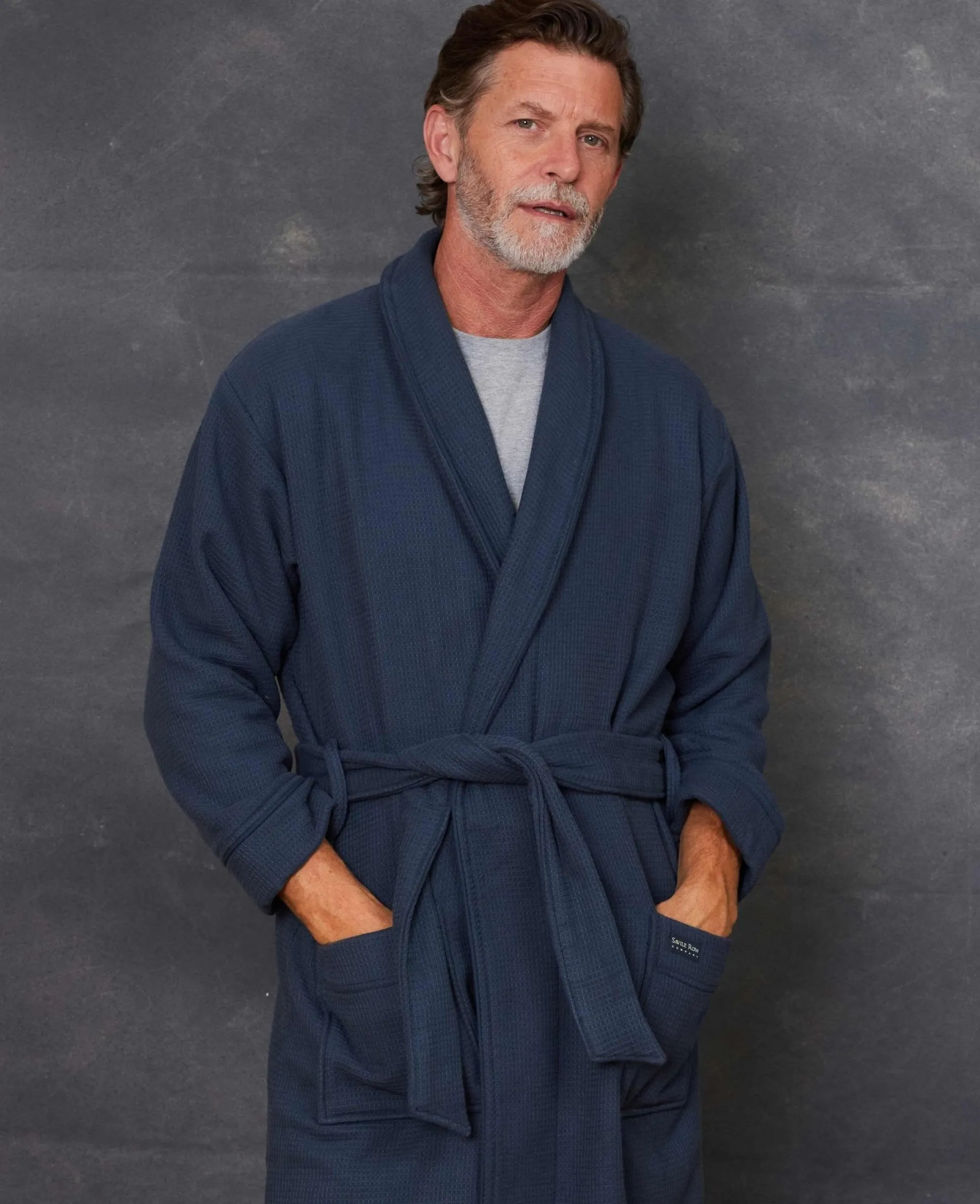 Navy Cotton Waffle Dressing Gown With Terry Cotton Lining