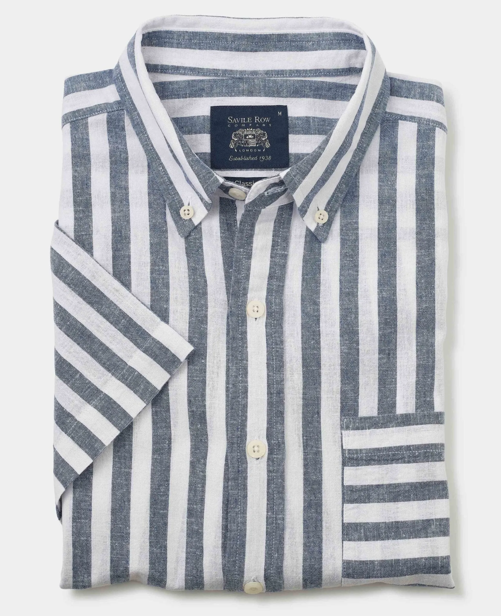 Navy White Bold Stripe Linen Cotton Classic Fit Short Sleeve Shirt