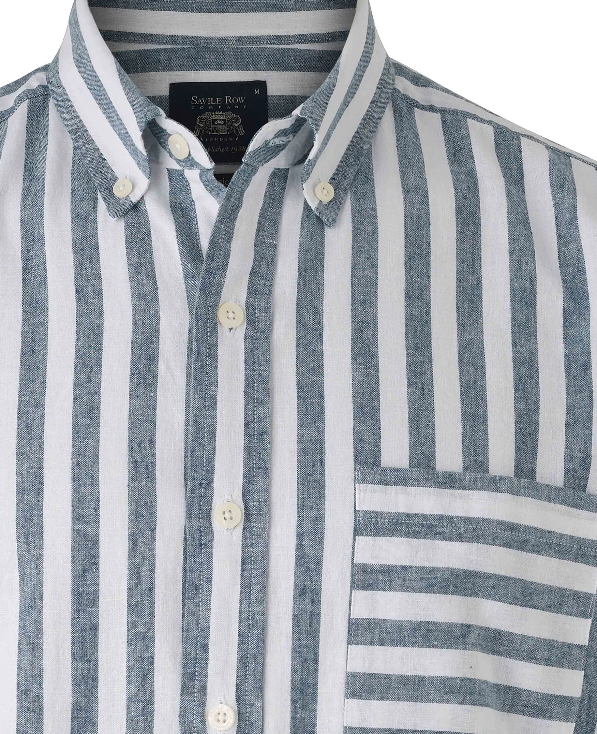 Navy White Bold Stripe Linen Cotton Classic Fit Short Sleeve Shirt