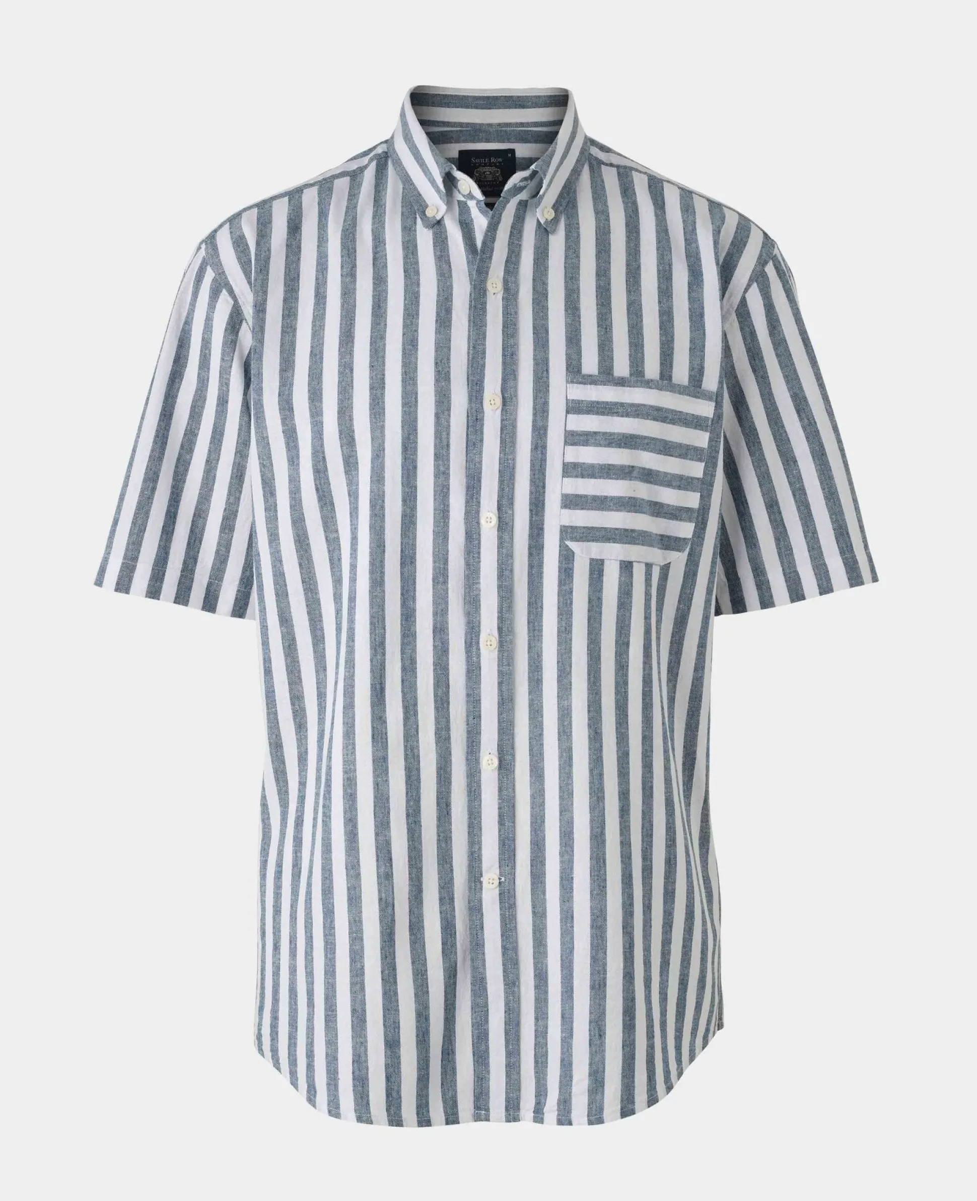 Navy White Bold Stripe Linen Cotton Classic Fit Short Sleeve Shirt