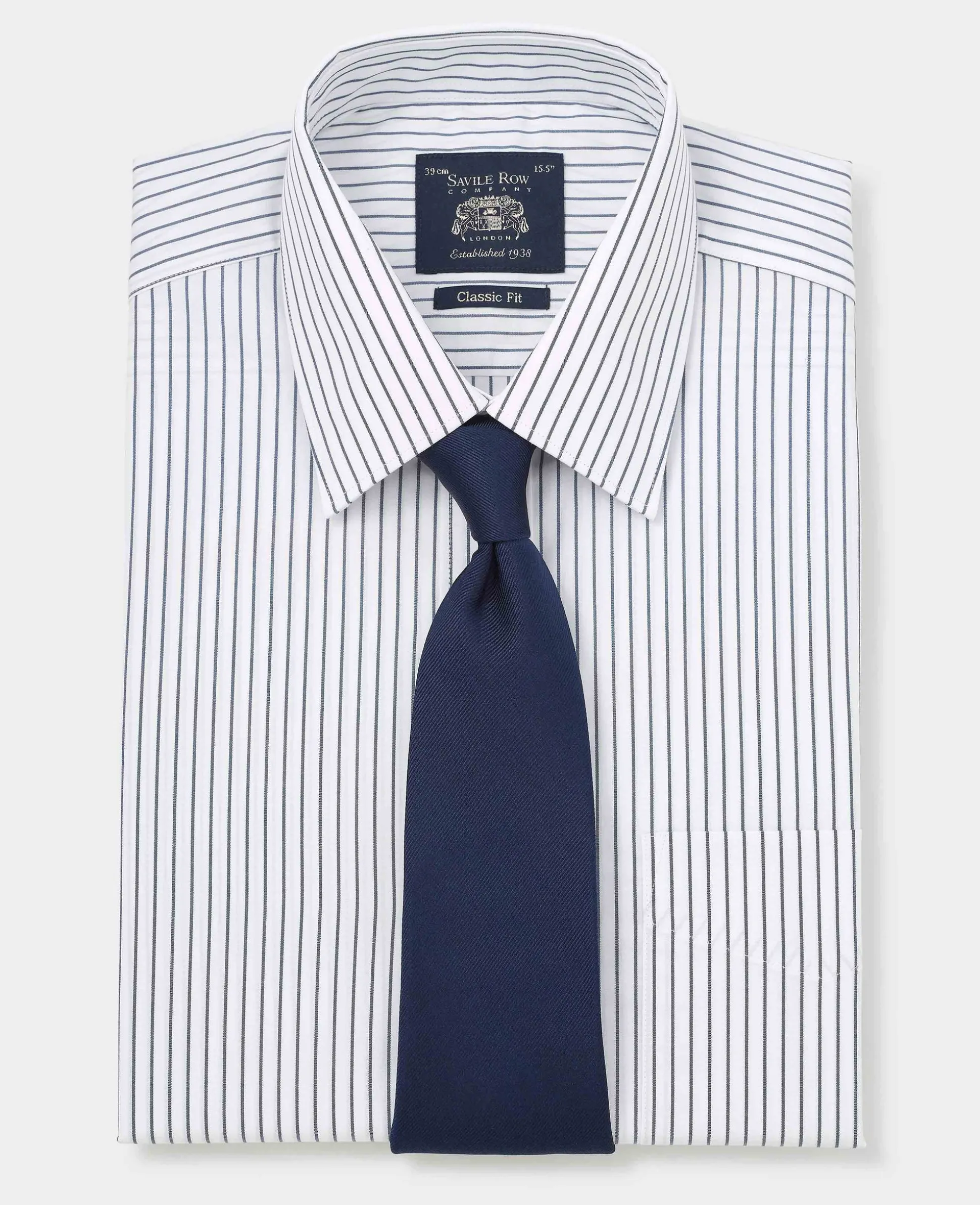 Navy White Stripe Cotton Classic Fit Formal Shirt - Double Cuff