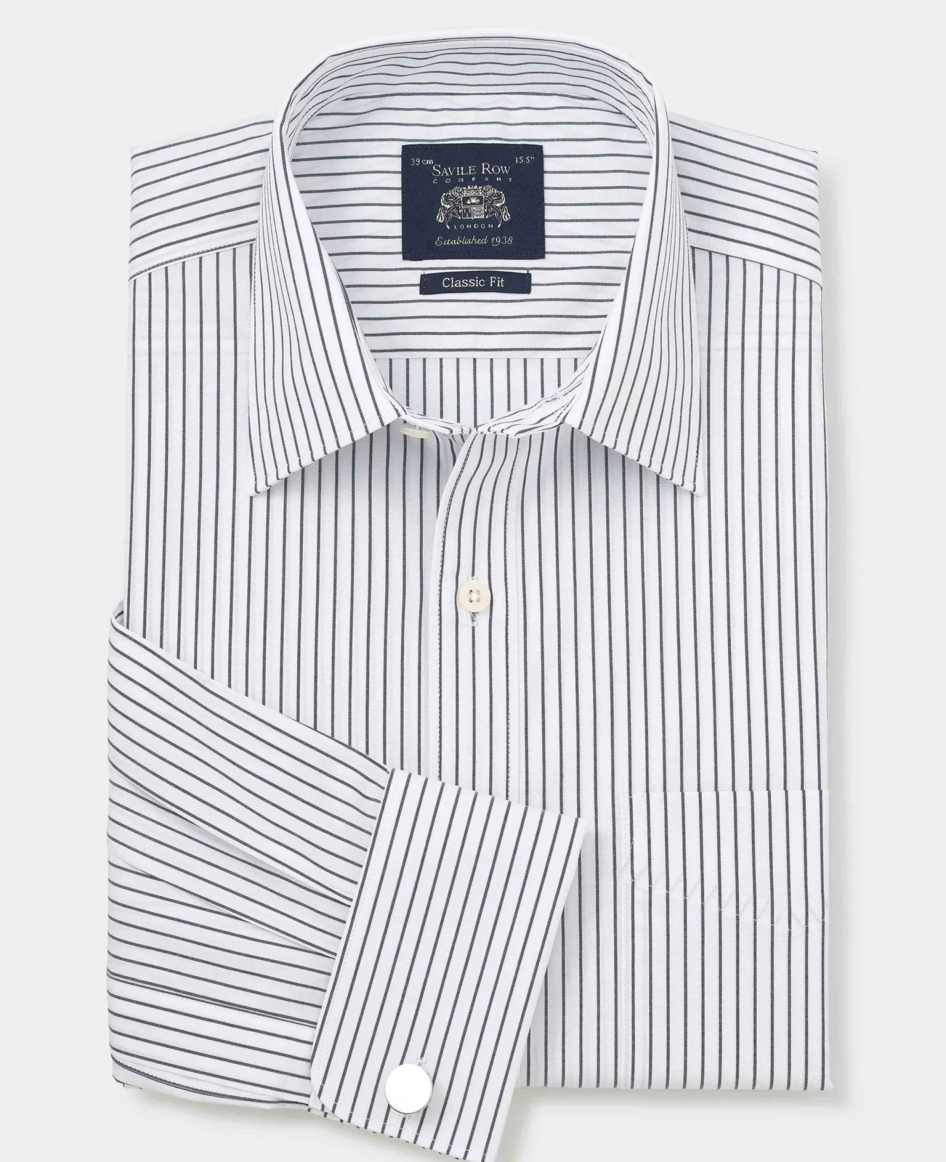 Navy White Stripe Cotton Classic Fit Formal Shirt - Double Cuff