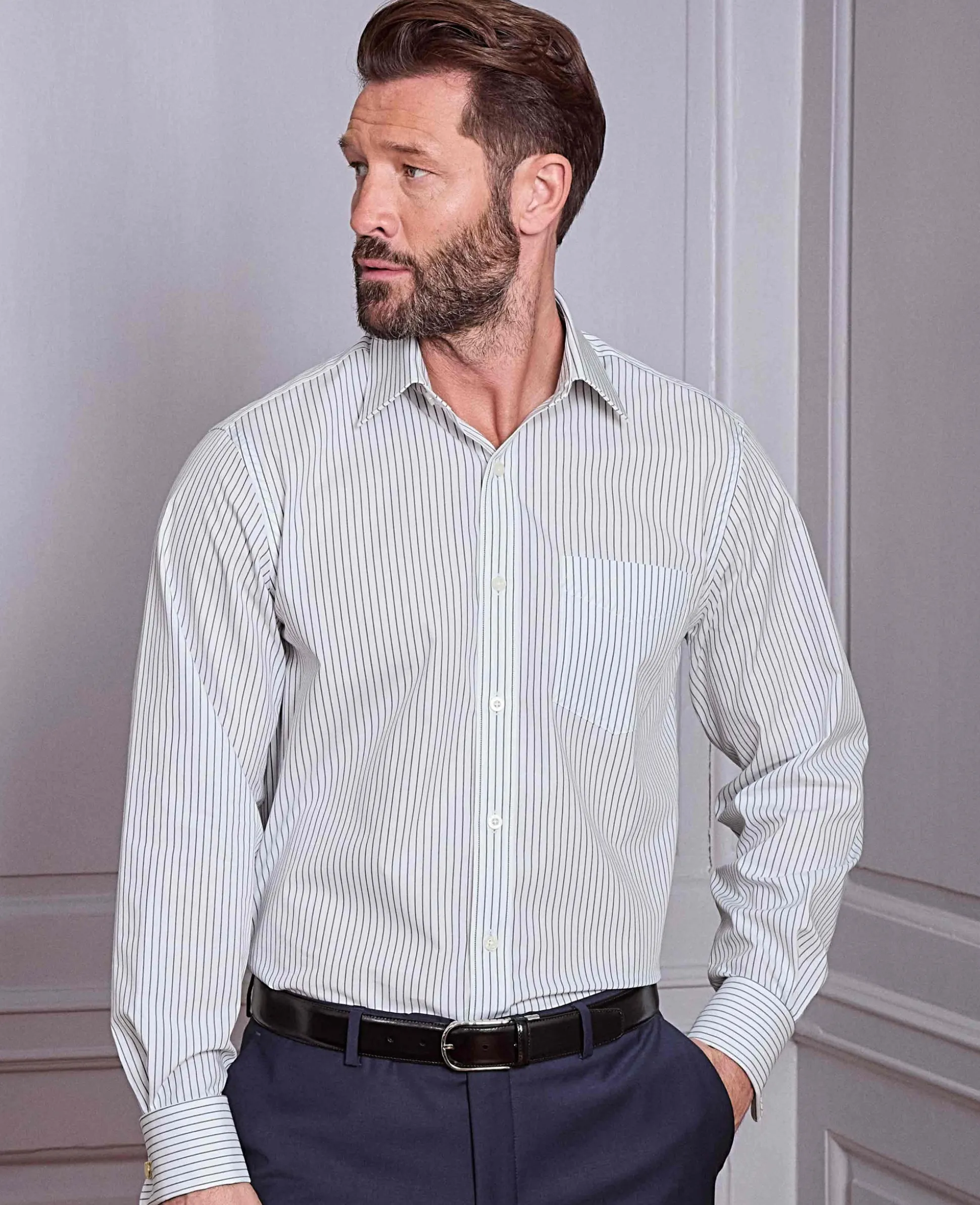 Navy White Stripe Cotton Classic Fit Formal Shirt - Double Cuff