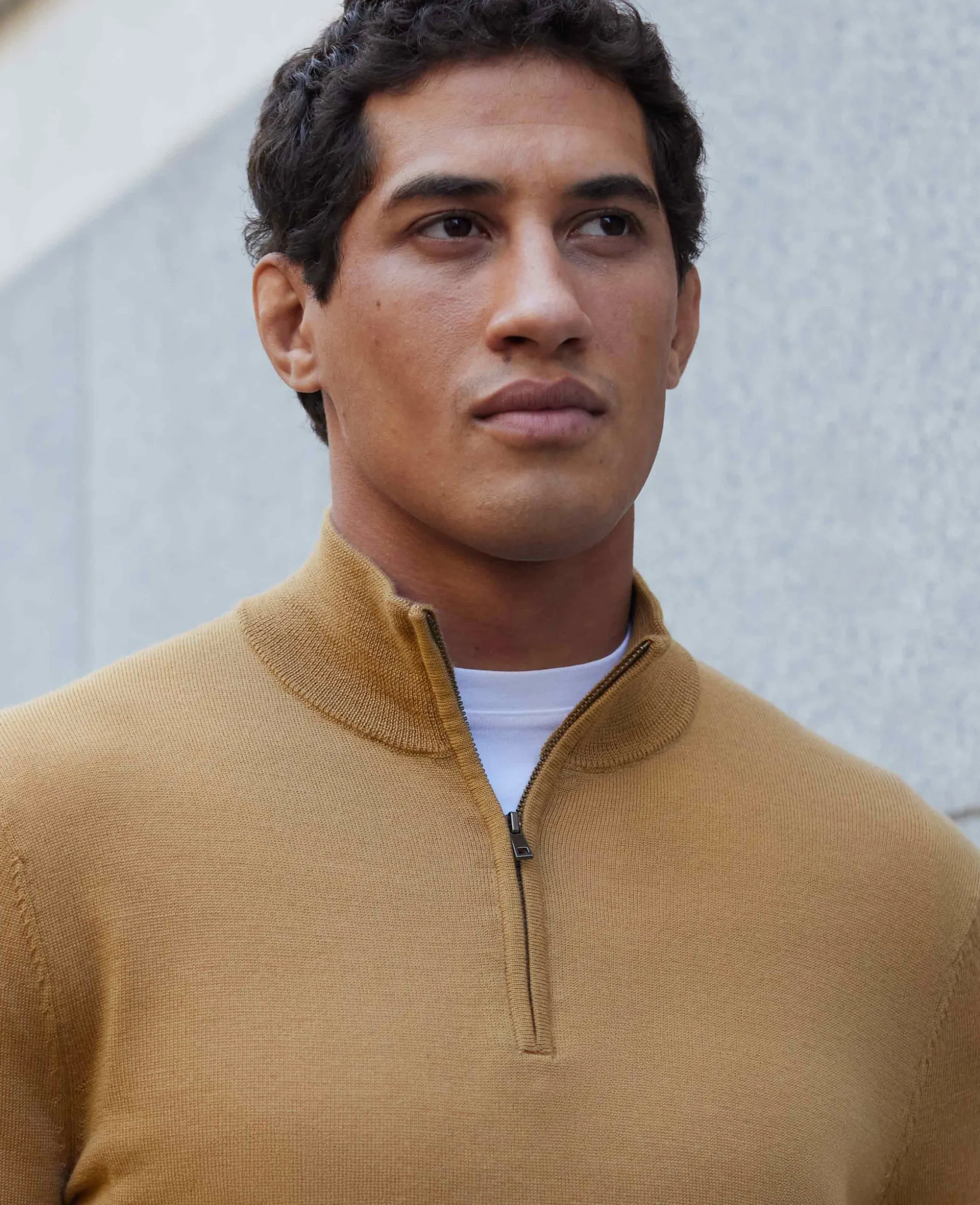 Tan Merino Wool Zip Neck Jumper