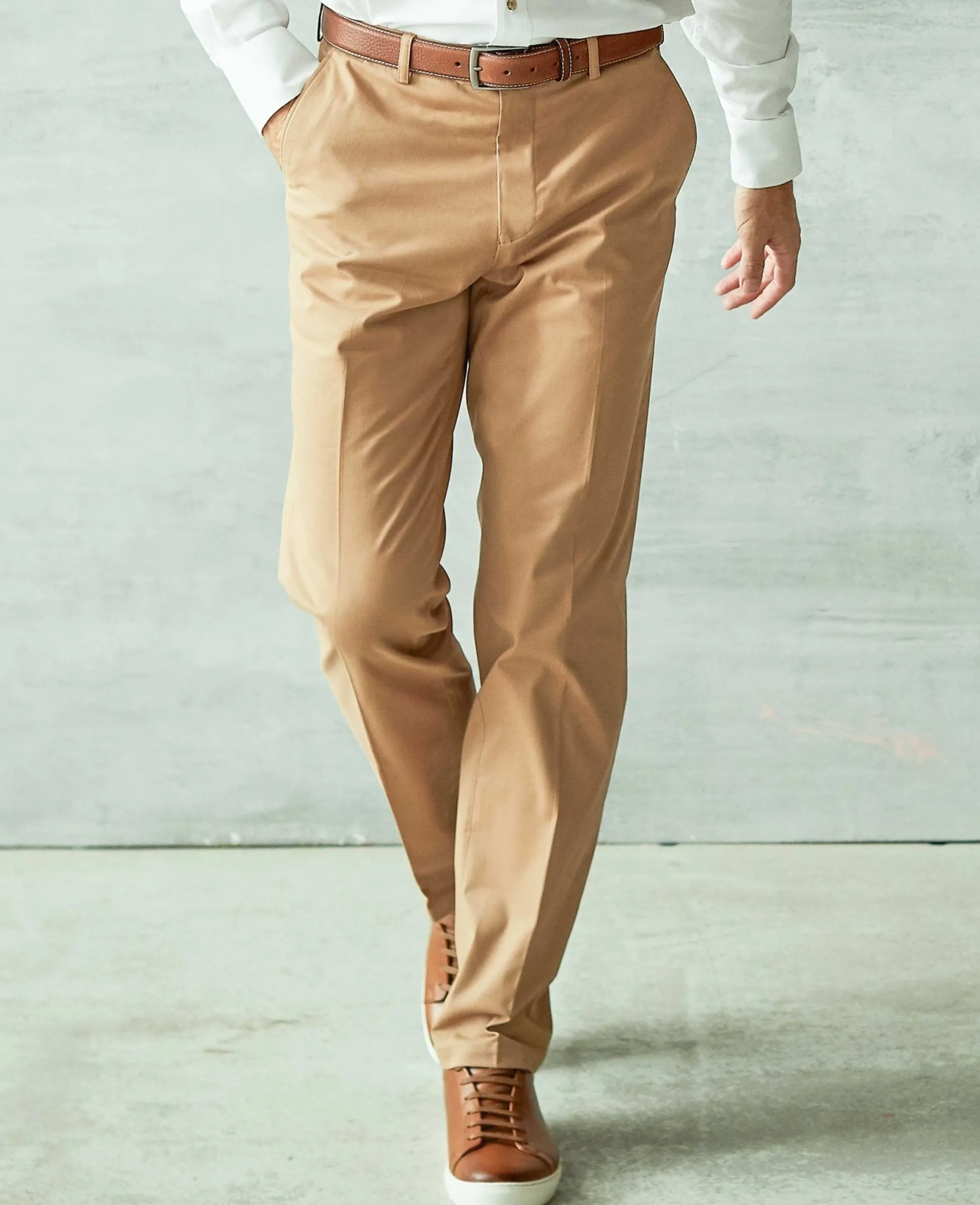 Tan Stretch Cotton Classic Fit Flat Front Chinos