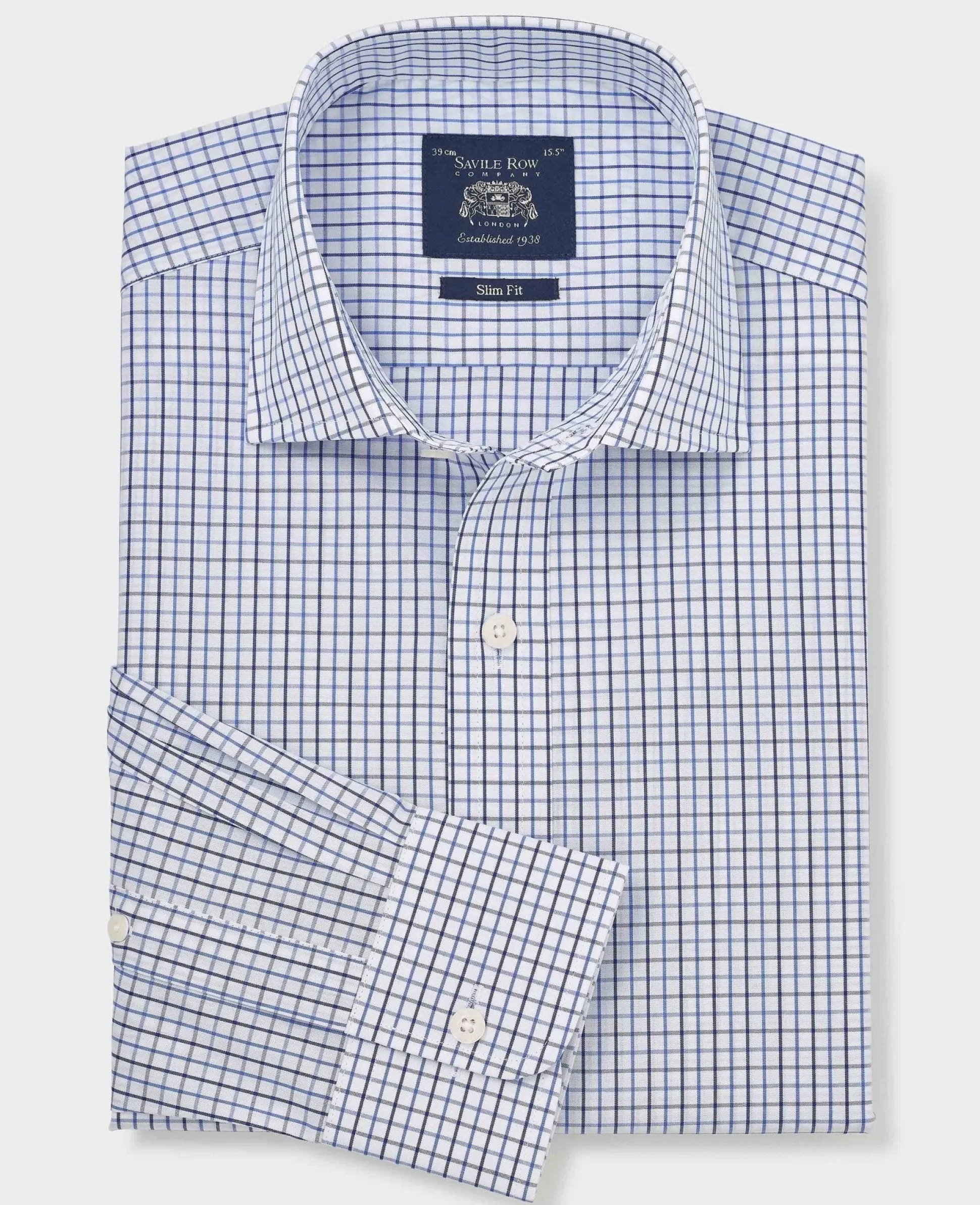 White Blue Cotton Poplin Slim Fit Check Formal Shirt - Single Cuff