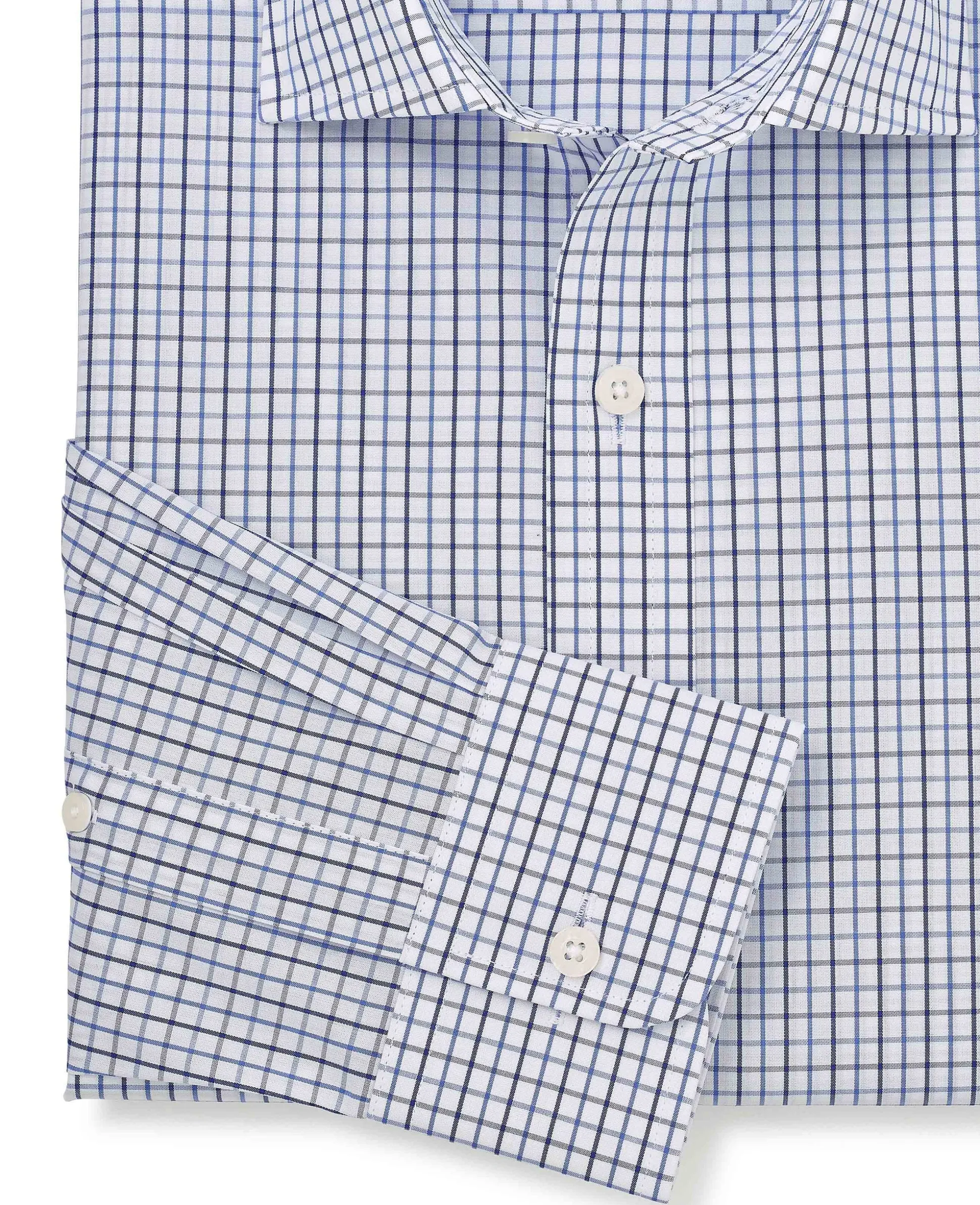 White Blue Cotton Poplin Slim Fit Check Formal Shirt - Single Cuff
