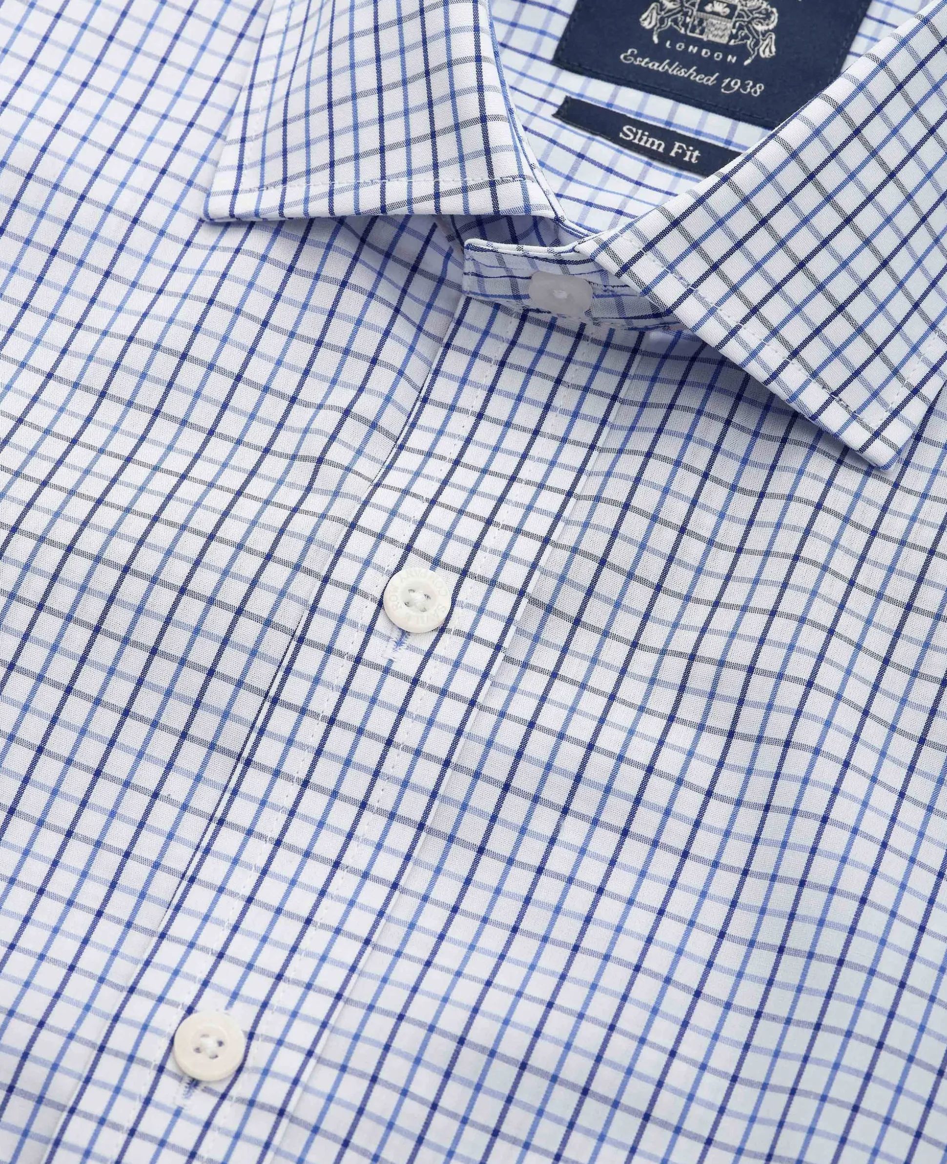 White Blue Cotton Poplin Slim Fit Check Formal Shirt - Single Cuff
