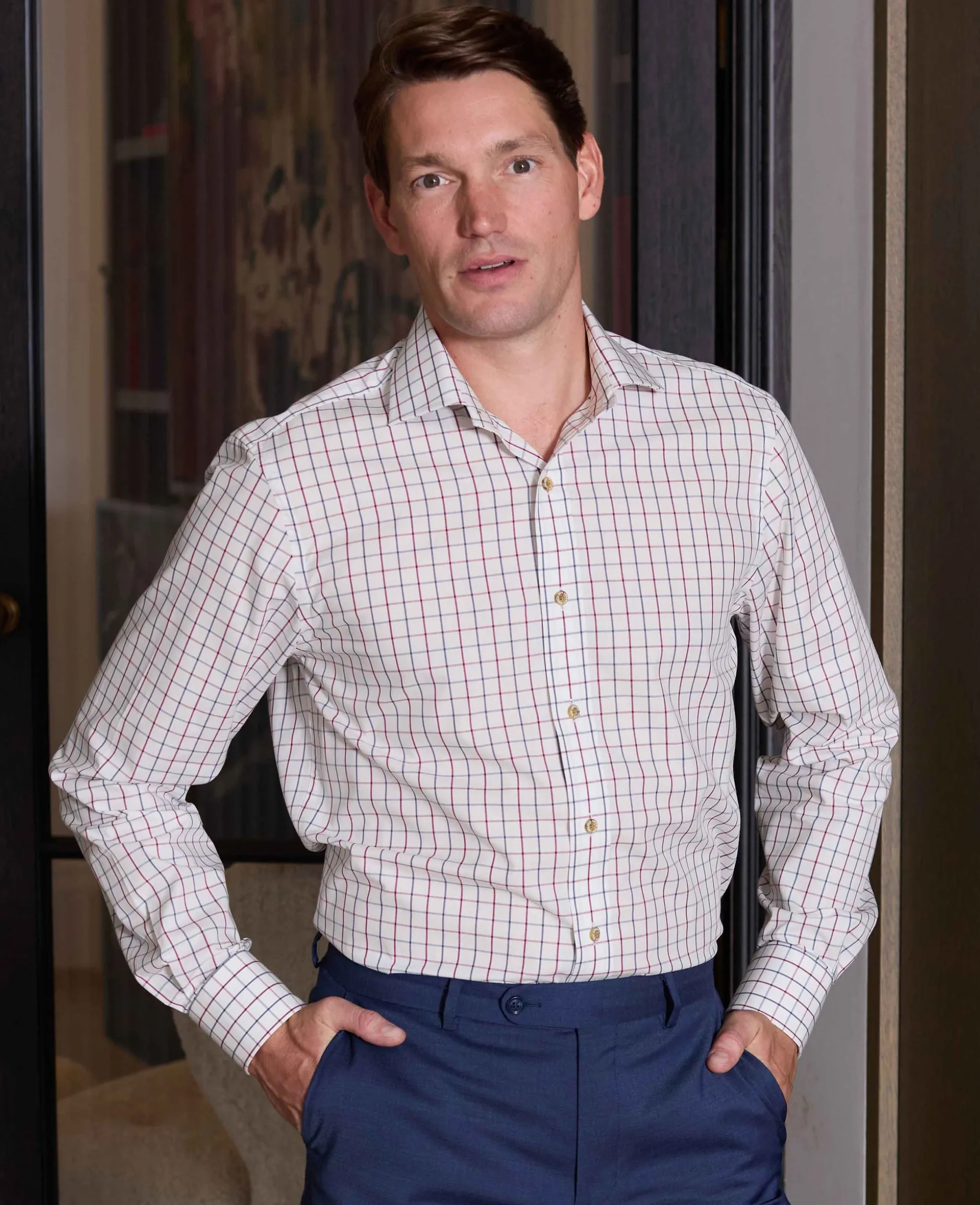 White Burgundy Cotton Tattersall Check Slim Fit Formal Shirt - Single Cuff