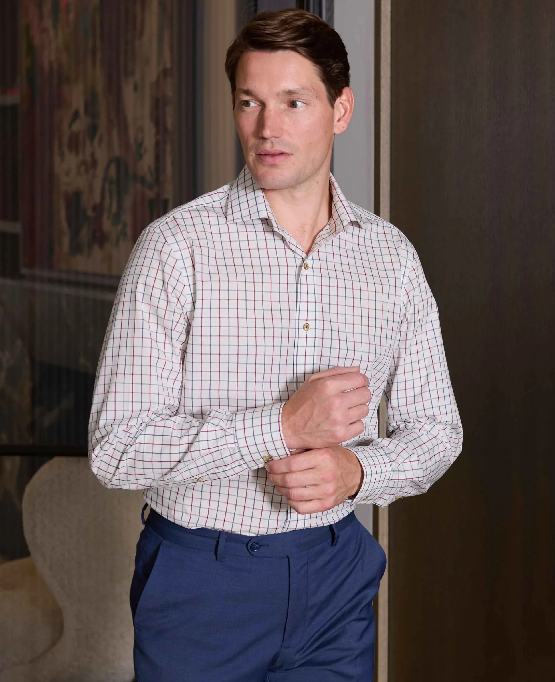 White Burgundy Cotton Tattersall Check Slim Fit Formal Shirt - Single Cuff