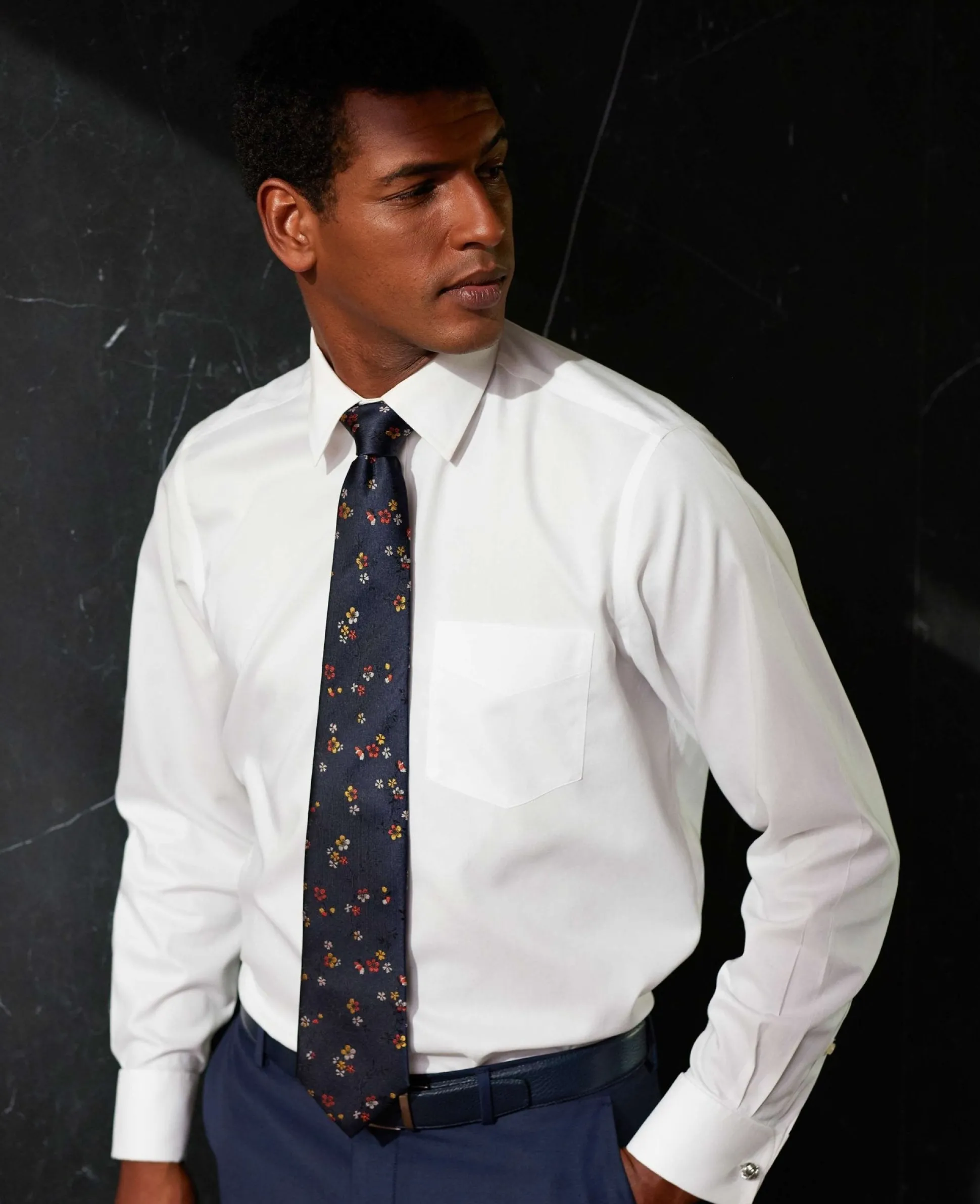 White Cotton Herringbone Classic Fit Formal Shirt - Double Cuff