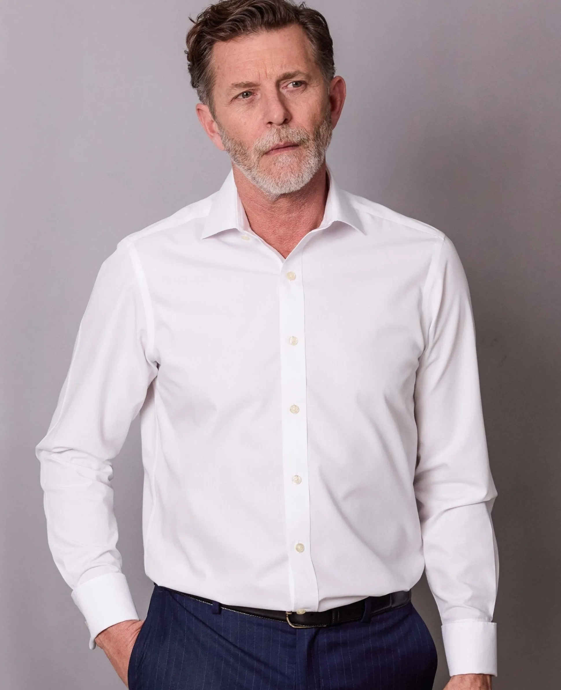 White Cotton Poplin Slim Fit Non-Iron Shirt - Single or Double Cuff