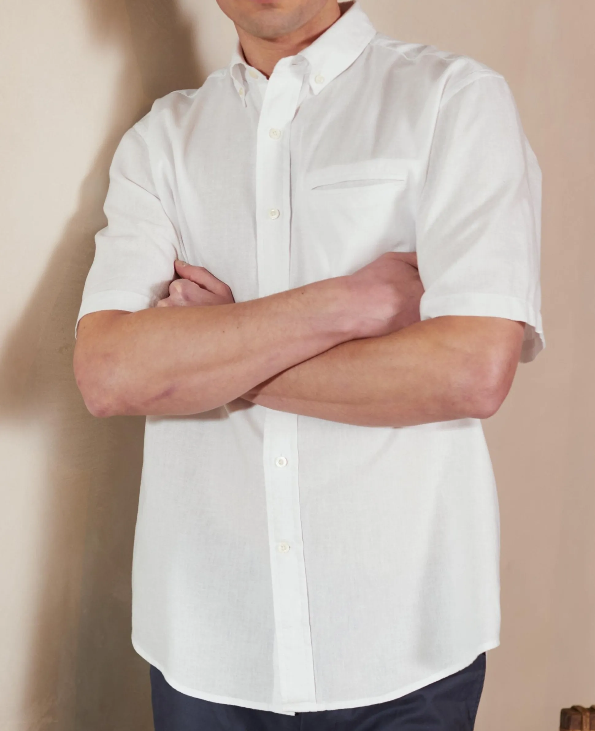 White Linen-Blend Classic Fit Short Sleeve Shirt