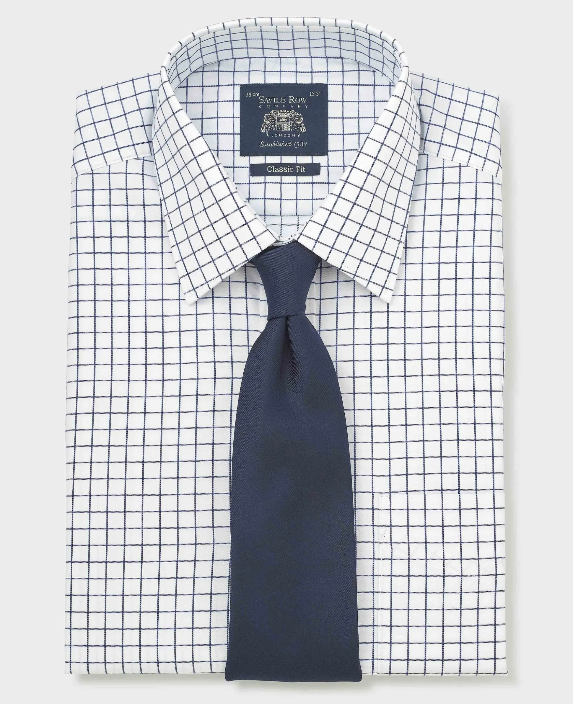 White Navy Cotton Twill Window Check Classic Fit Formal Shirt - Double Cuff