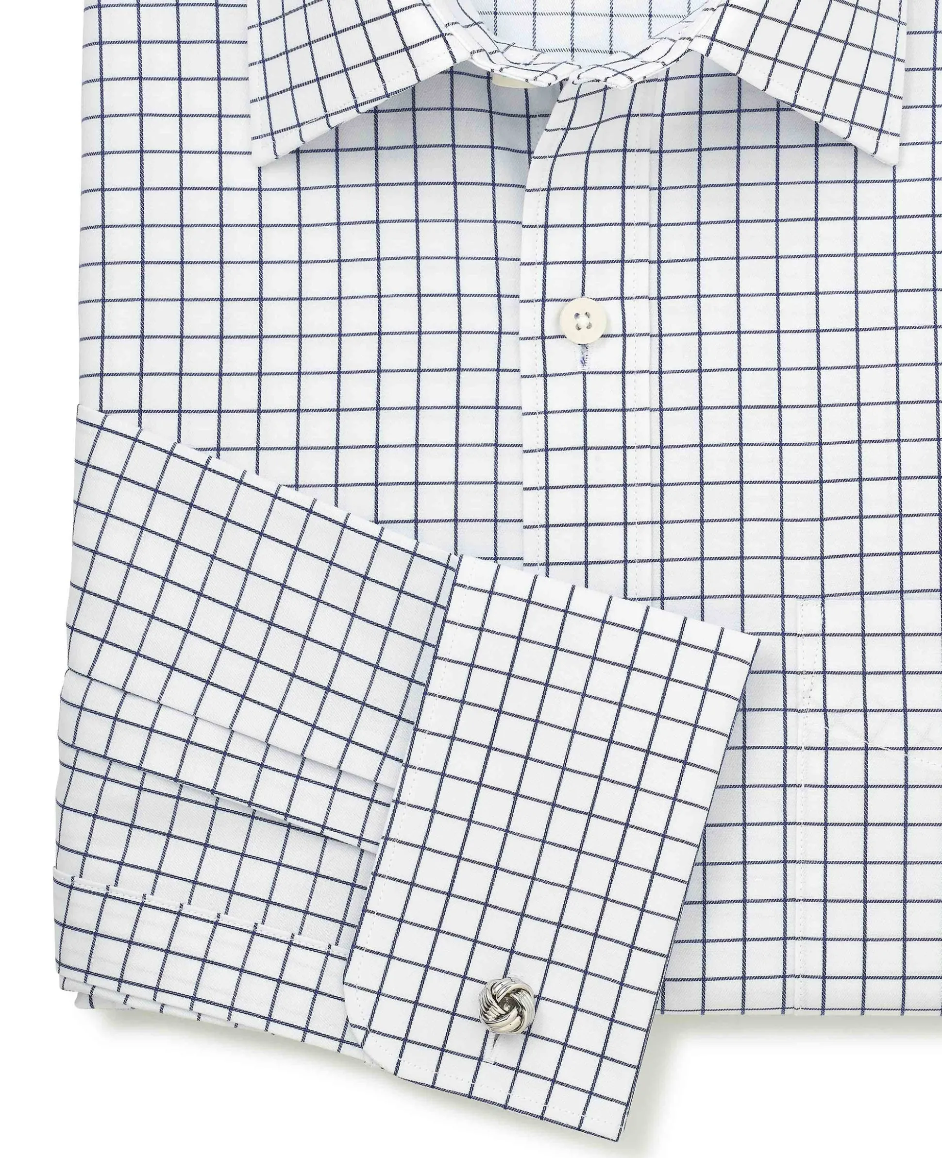 White Navy Cotton Twill Window Check Classic Fit Formal Shirt - Double Cuff
