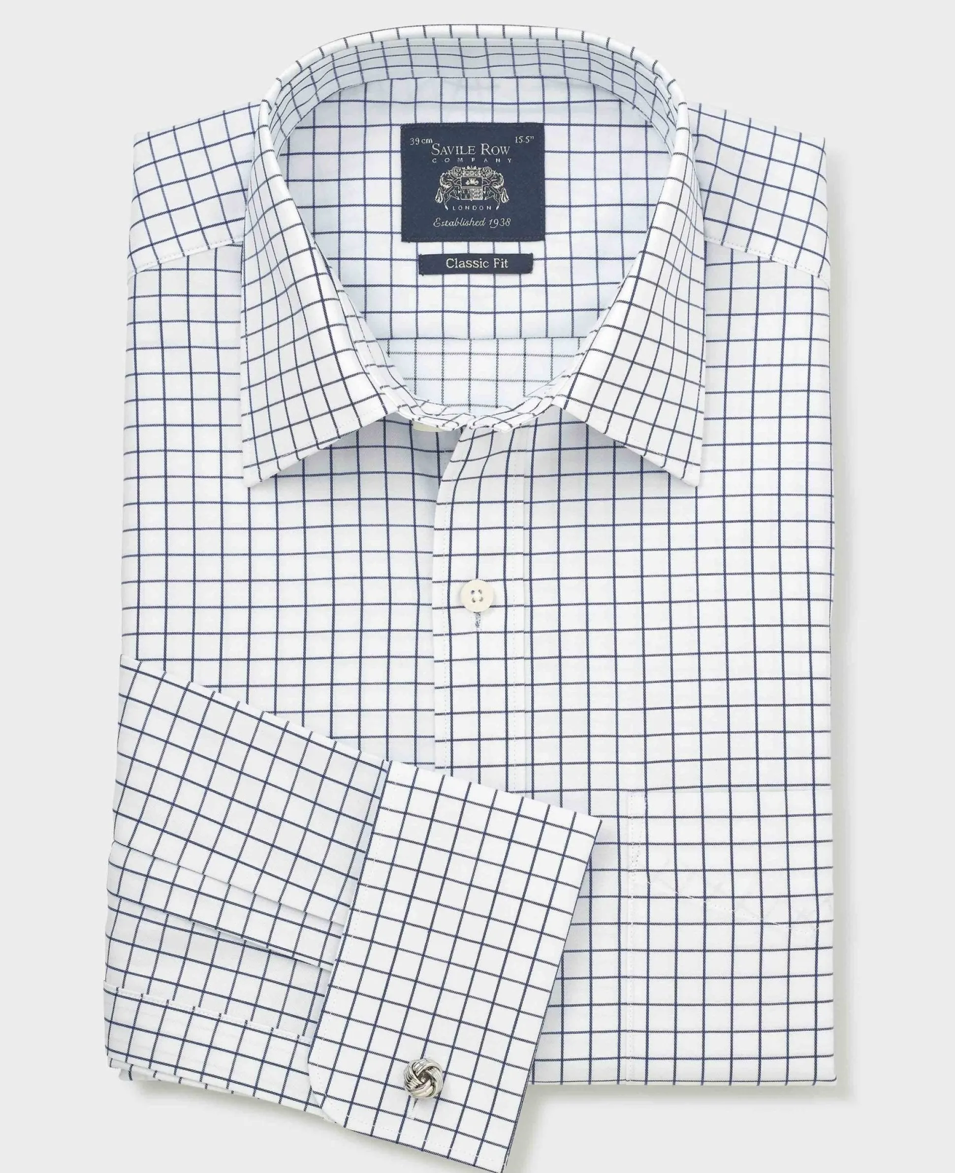 White Navy Cotton Twill Window Check Classic Fit Formal Shirt - Double Cuff