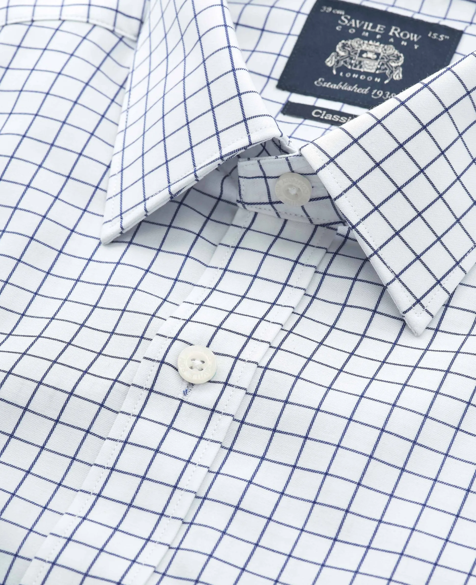 White Navy Cotton Twill Window Check Classic Fit Formal Shirt - Double Cuff