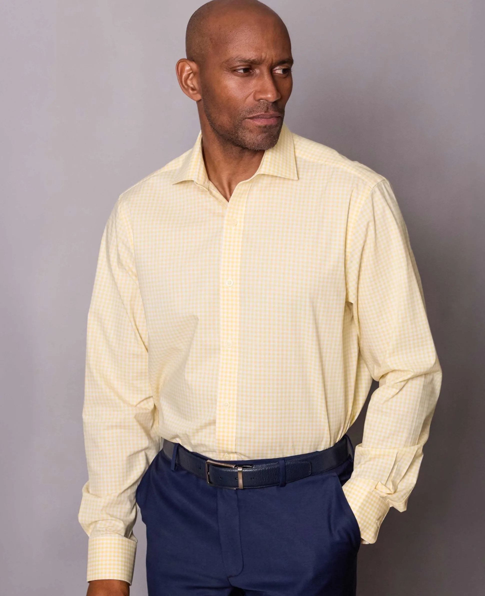 Yellow Cotton Poplin Gingham Check Classic Fit Formal Shirt - Single Cuff
